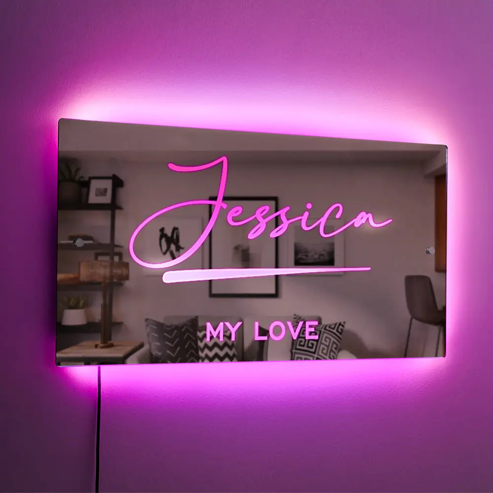 Personalised Jessica name mirror with LED lights, bedroom decor, and "MY LOVE" text.