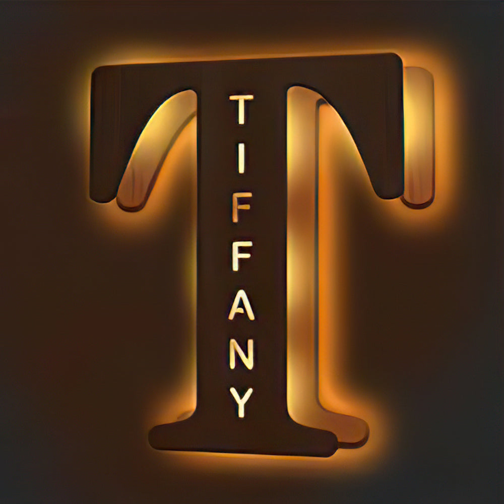 Personalized wooden letter "T" night light with "TIFFANY" engraved, warm glow, 19CM, custom name lamp.