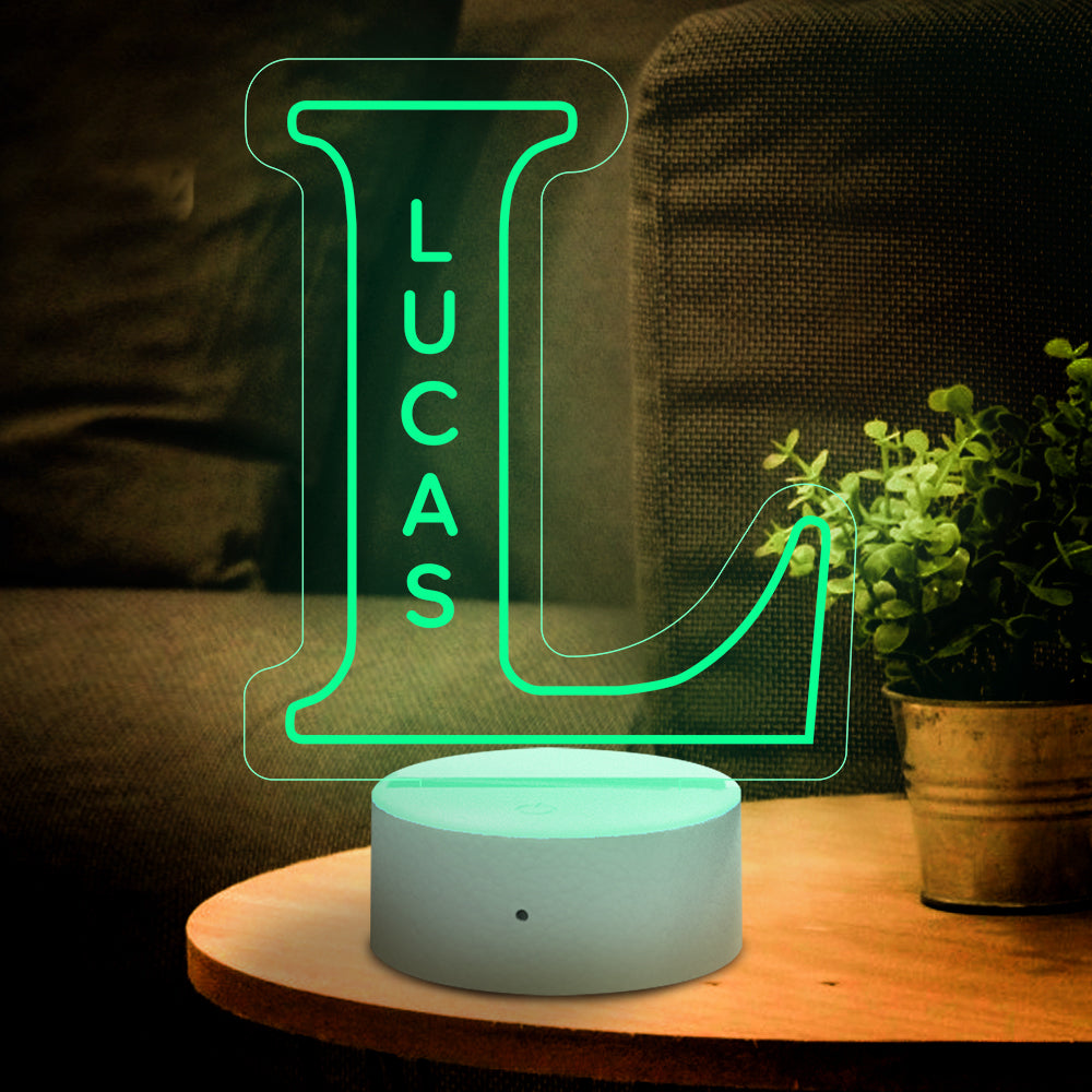 Custom LED night light, letter L with LUCAS name, acrylic lamp, USB powered, home decor gift.