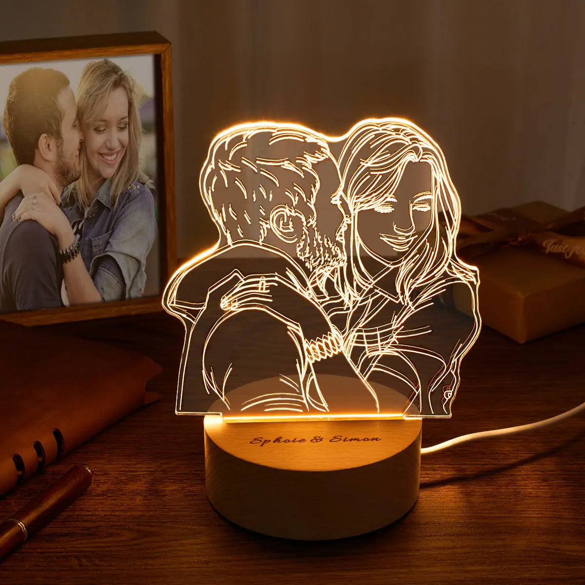 Custom 3D Photo Lamp with engraved couple, warm LED light, unique gift.