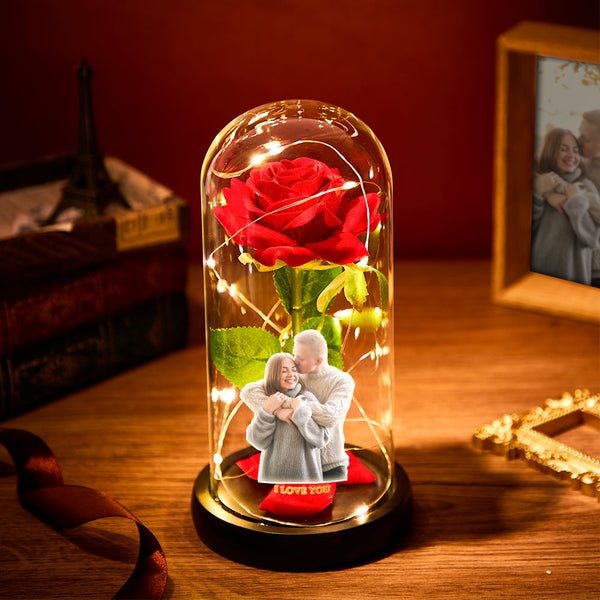 Custom photo LED night light with eternal red rose and couple photo, romantic gift