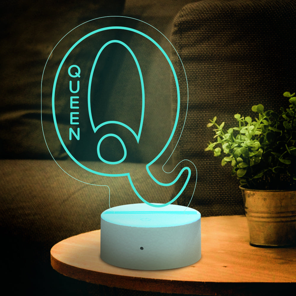 Custom 'Q' LED night light with 'QUEEN' design, acrylic lamp, USB powered, home decor gift.