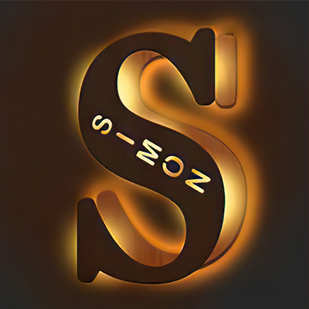 Personalized wooden letter "S" night light with "SIMON" engraved, warm glow, 19CM, custom name lamp.