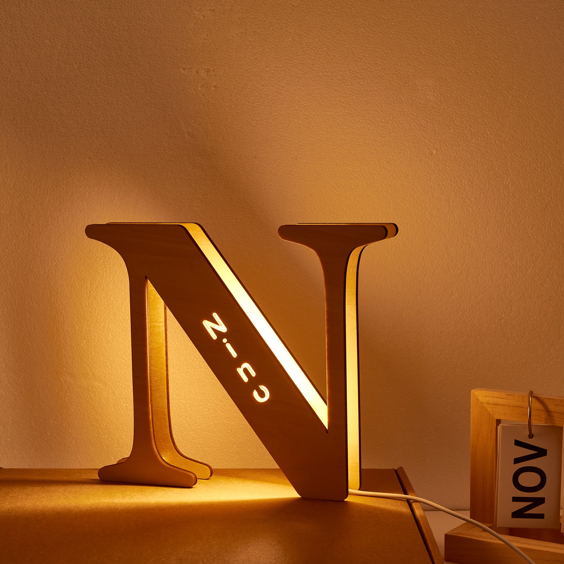 Personalized Wooden Letter "N" Night Light, Custom Name Engraved, Warm Glow, 19CM