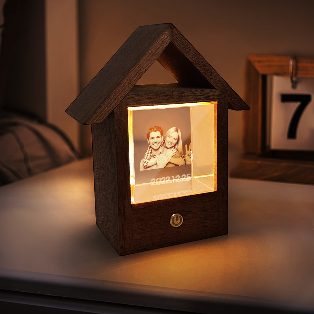 Custom 3D crystal photo lamp in wooden house design, personalized gift, warm light