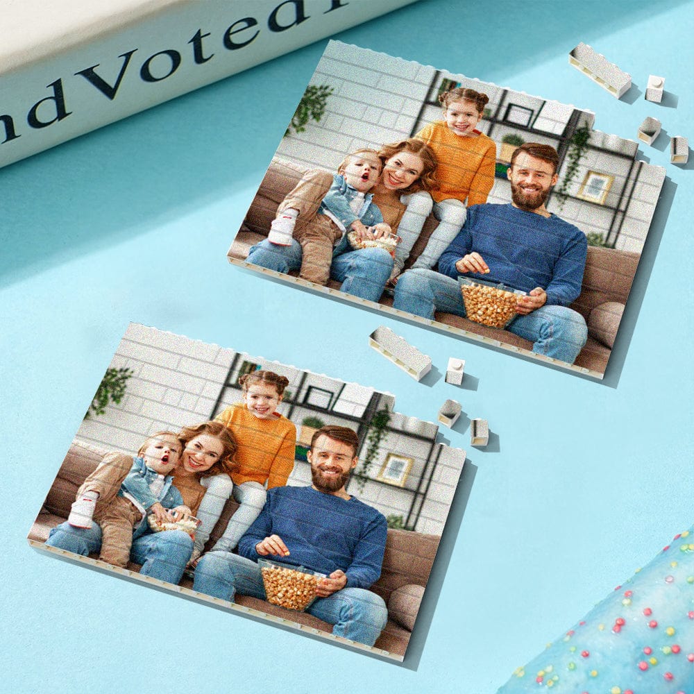 Personalized building brick photo block square shape featuring a family portrait, perfect wedding gift, UV printed.