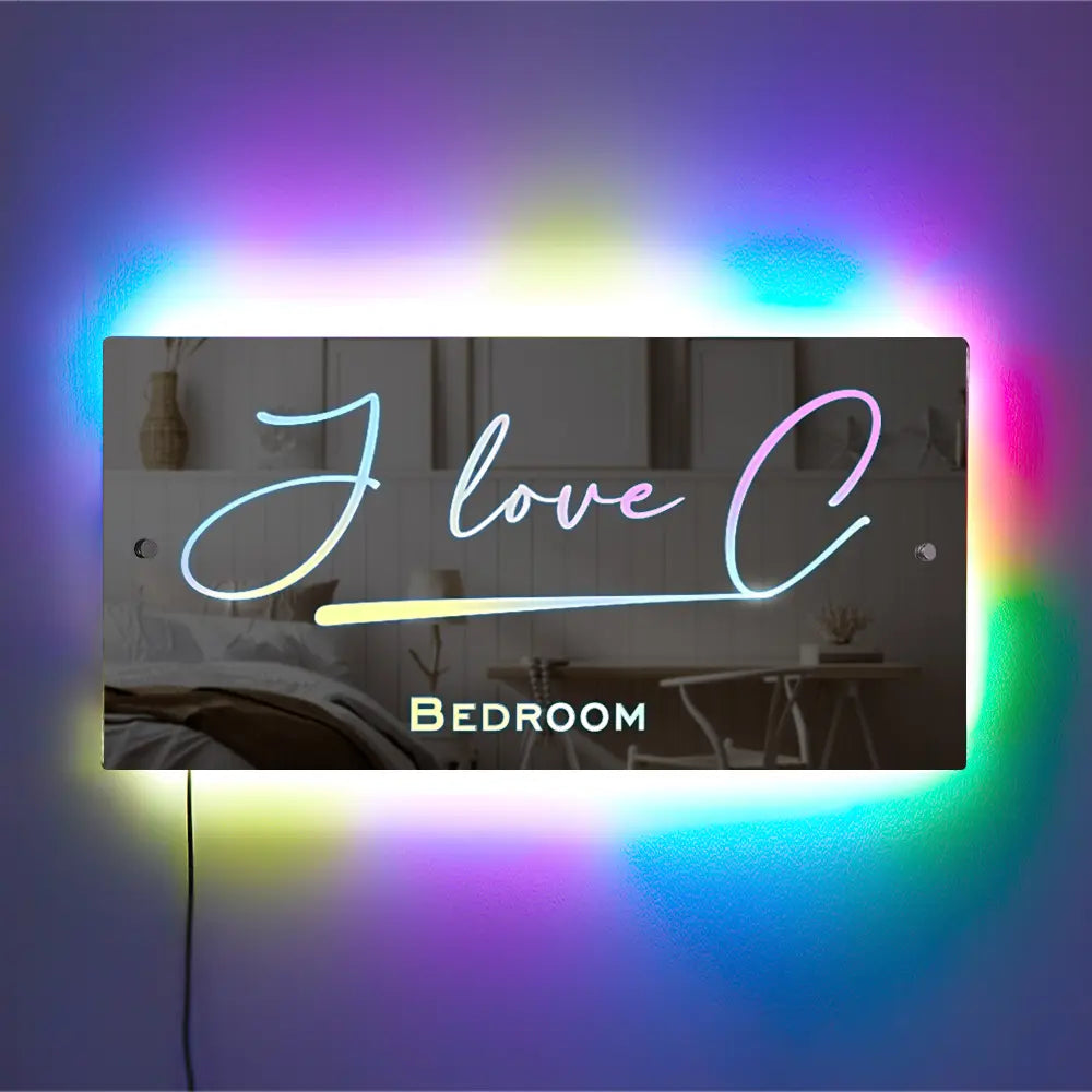 Personalised 'I love C.' LED name mirror, perfect for bedroom decor with color-changing lights, acrylic safety mirror.