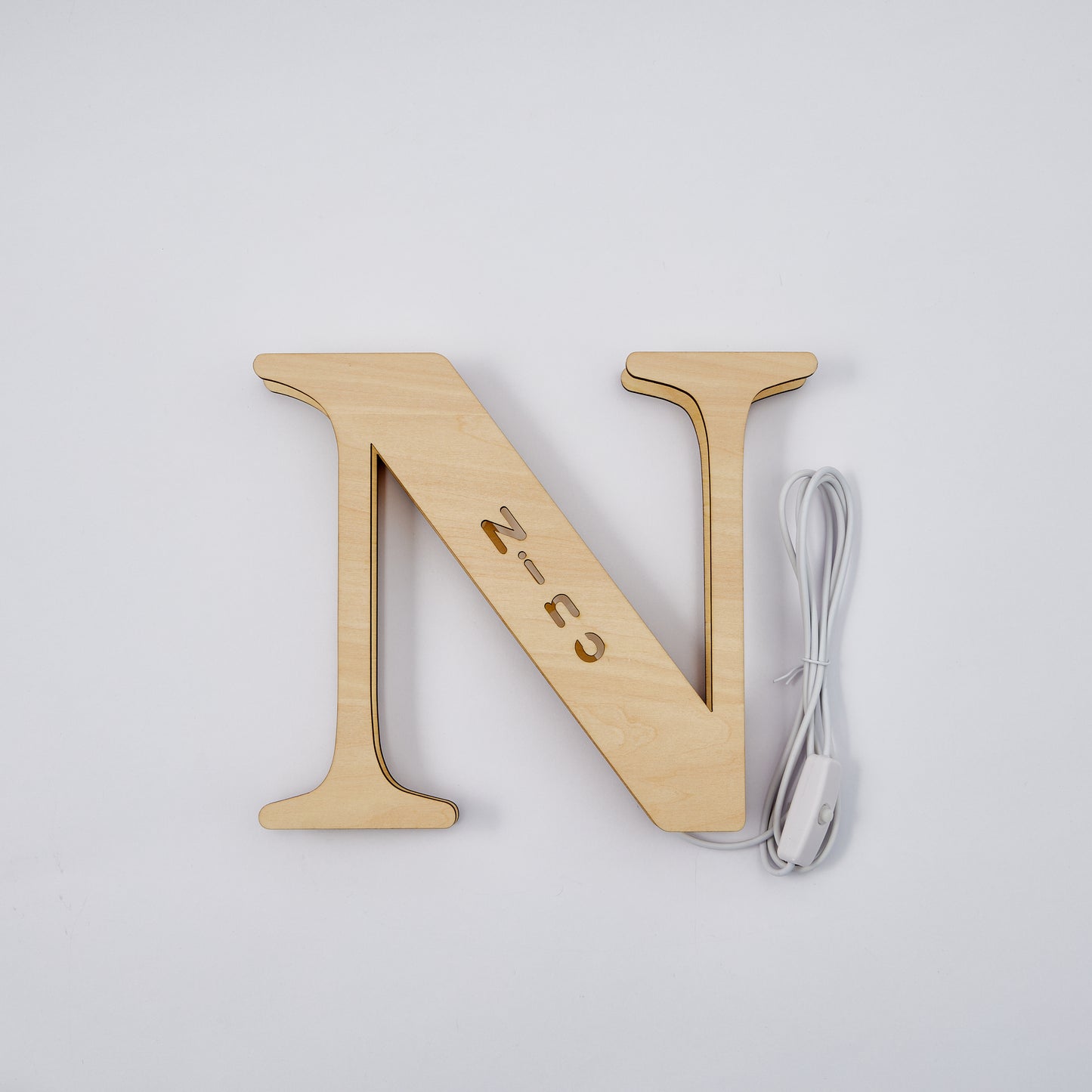 Personalized wooden letter 'N' night light, RICO engraved, warm glow, 19CM, custom name lamp