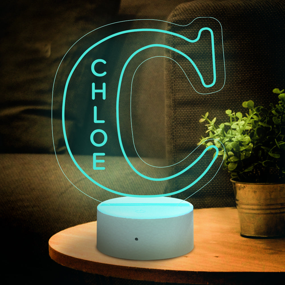 Custom letter C LED night light with Chloe name, acrylic lamp with USB port, ideal home decor gift