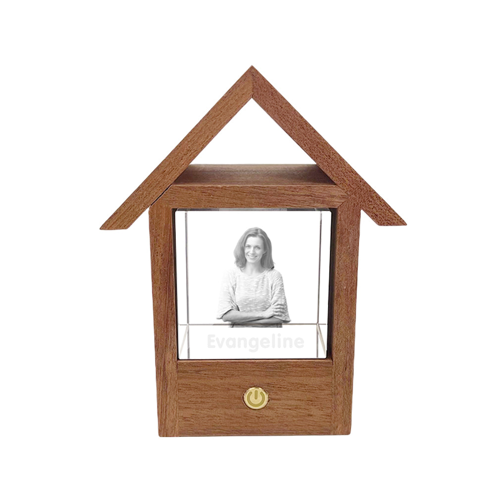 Custom wooden house night light with 3D crystal photo of a woman, personalized gift