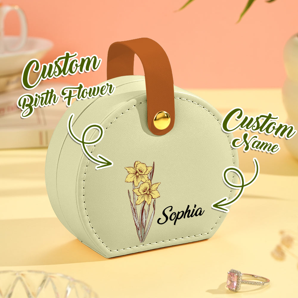 Personalized PU leather jewelry box with birth flower and custom name Sophia, a perfect birthday gift.