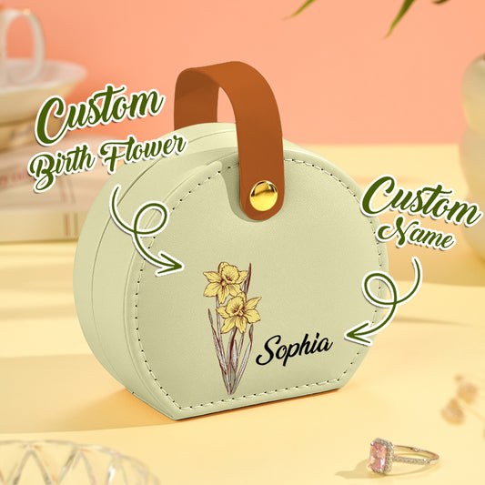 Personalized PU leather jewelry box with birth flower and custom name Sophia, a perfect birthday gift.