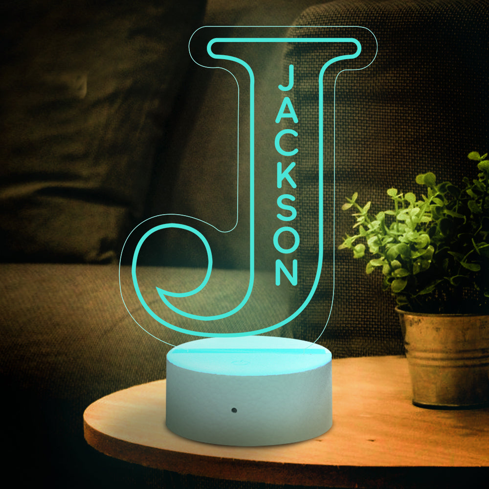 Custom "J" LED night light with "JACKSON" name, acrylic lamp, USB powered, ideal home decor gift.