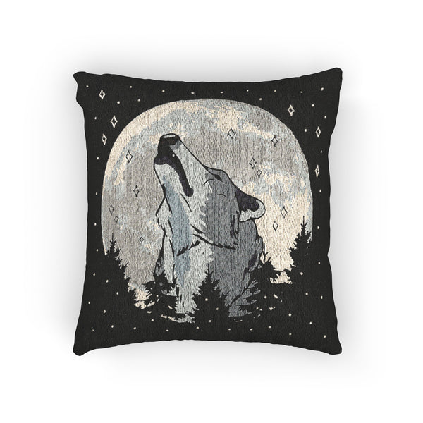 Moonlit Wolf Woven Pillow, Cozy Cabin Decor, Rustic Home Accent, Wolf Lovers Gift, Night Sky Cushion, Unique Animal Throw Pillow