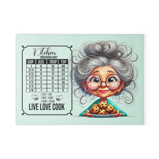 Charming Glass Cutting Board with Cooking Conversion Chart, Kitchen Decor, Gift for Cooks, Live Love Cook Chef's Tool, Grandma Gift