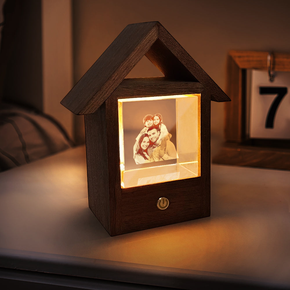 Custom wooden house night light with 3D crystal photo and warm light, personalized gift