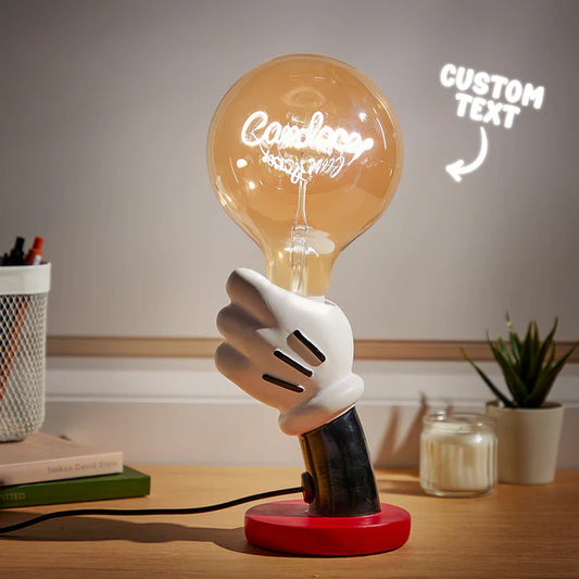 Custom Text Vintage Edison LED Filament Modeling Lamp with Mickey Mouse hand, soft warm yellow light, home decor