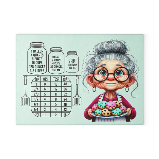Whimsical Grandma Cooking Glass Cutting Board, Kitchen Decor, Gifts for Bakers, Funny Home Decor, Housewarming Gift
