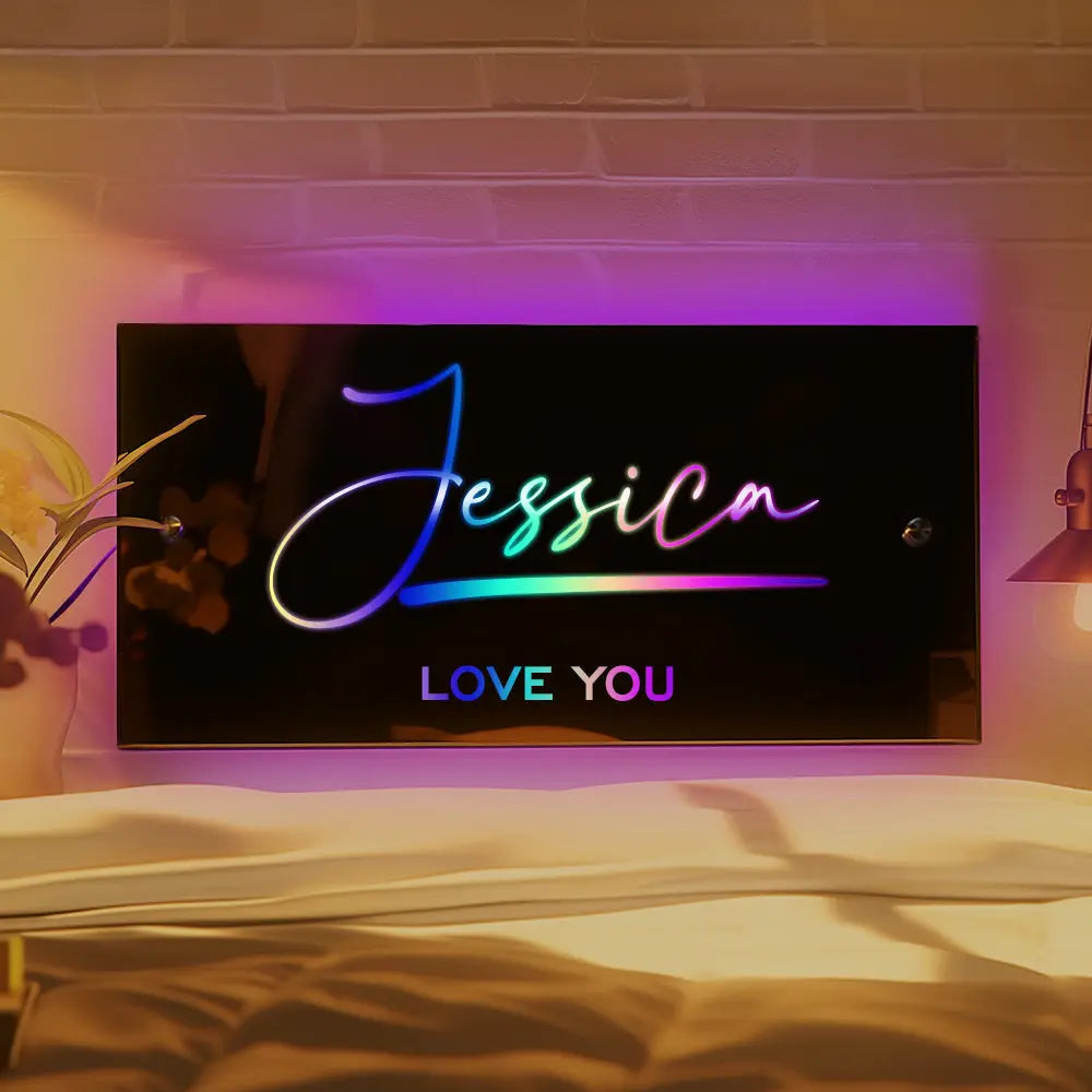 Personalised LED Name Mirror with 'Jessica' and 'LOVE YOU', bedroom decor, with color-changing lights