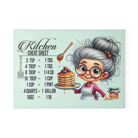 Charming Grandma Kitchen Cutting Board, Kitchen Decor, Cooking Gift, Unique Housewarming Gift, Chef Cheat Sheet Glass Board