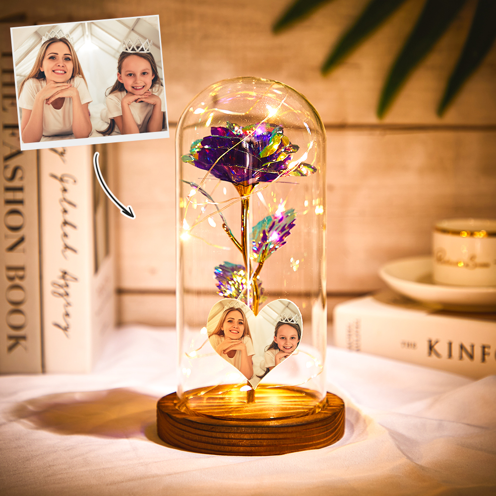 Custom Photo Eternal Rose Flower LED Night Light in glass dome, a romantic gift with personalized photos