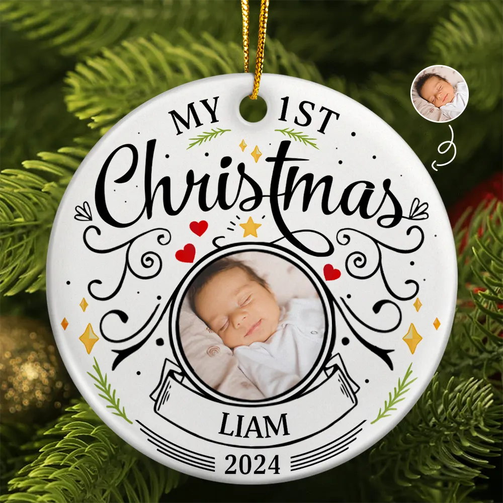 Personalized Circle Ceramic Ornament with baby photo, "My 1st Christmas" design, custom name, and year