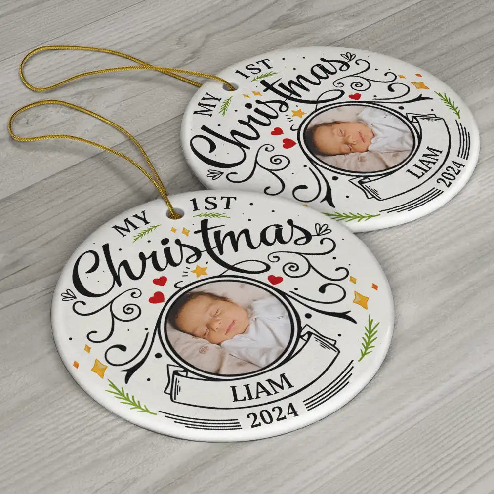 Personalized Baby's First Christmas Ornament with photo, name, and year. Circle ceramic design with rope.