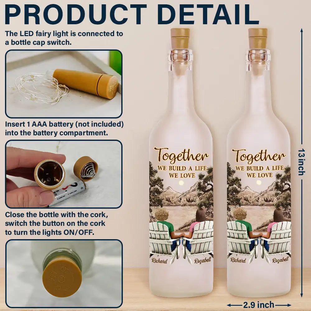 Frosted glass bottle light with romantic "You & Me We Got This" design and warm LED, perfect couple gift.