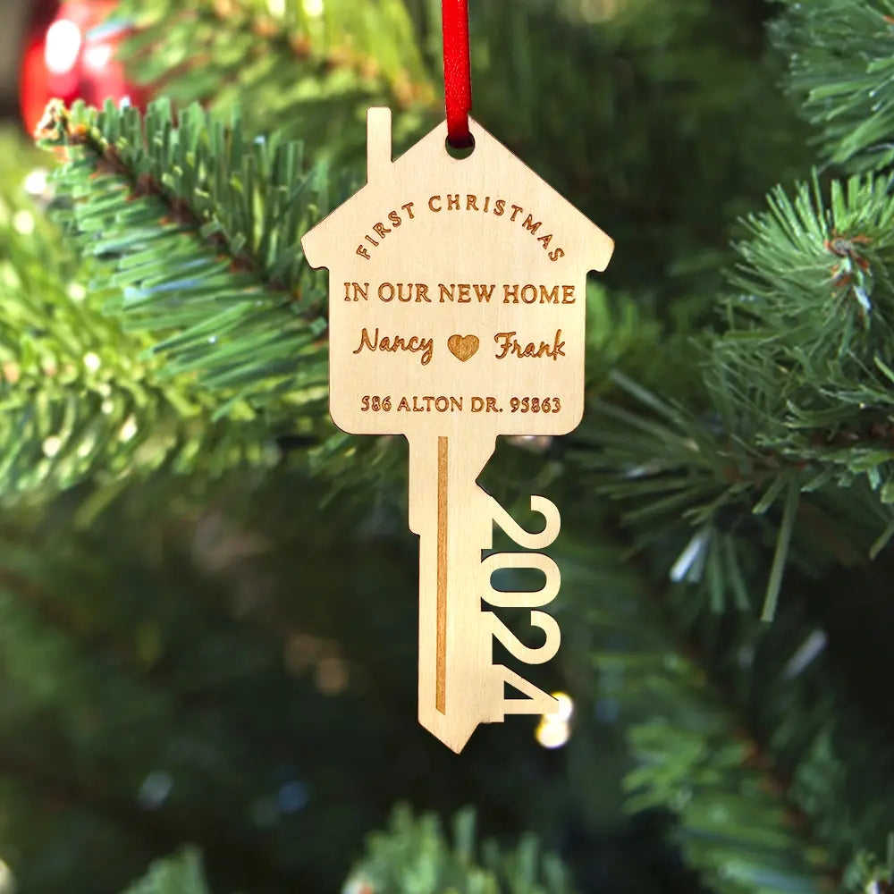 Wooden key Christmas ornament for new home, 'First Christmas' 2024, housewarming gift.