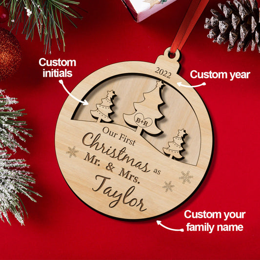 Personalized wooden Christmas ornament for newlyweds, features custom names and date, showcasing a family's first Christmas.