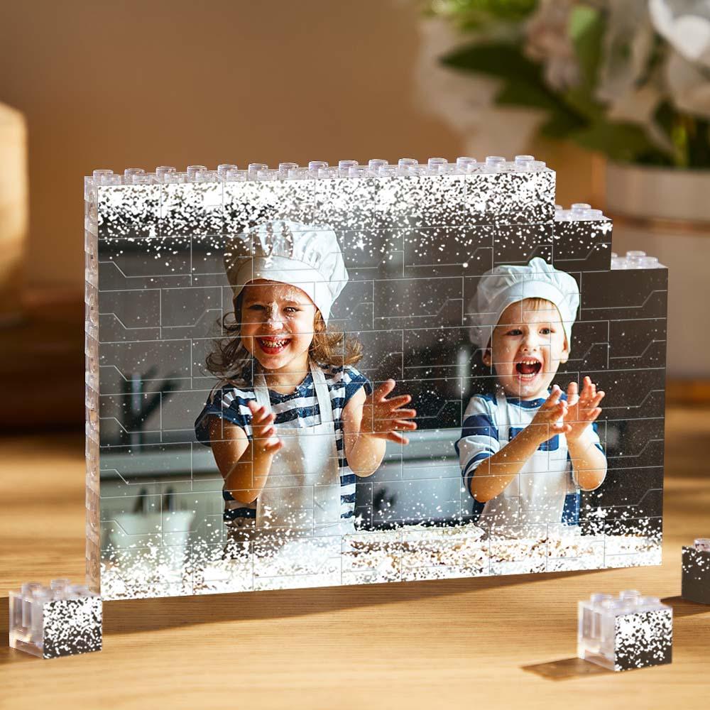 Custom LED photo block with two children, white light, building brick style, perfect gift for DIY lovers