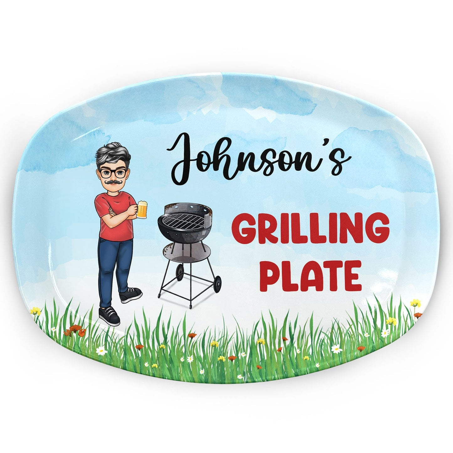 Customized Grilling Plate with "Johnson's Grilling Plate" text and BBQ design, BPA-Free plastic