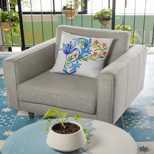 Floral Decorative Pillow with Blue and Orange Design, Home Decor, Couch Cushion, Gift for Her, Botanical Accent Pillow