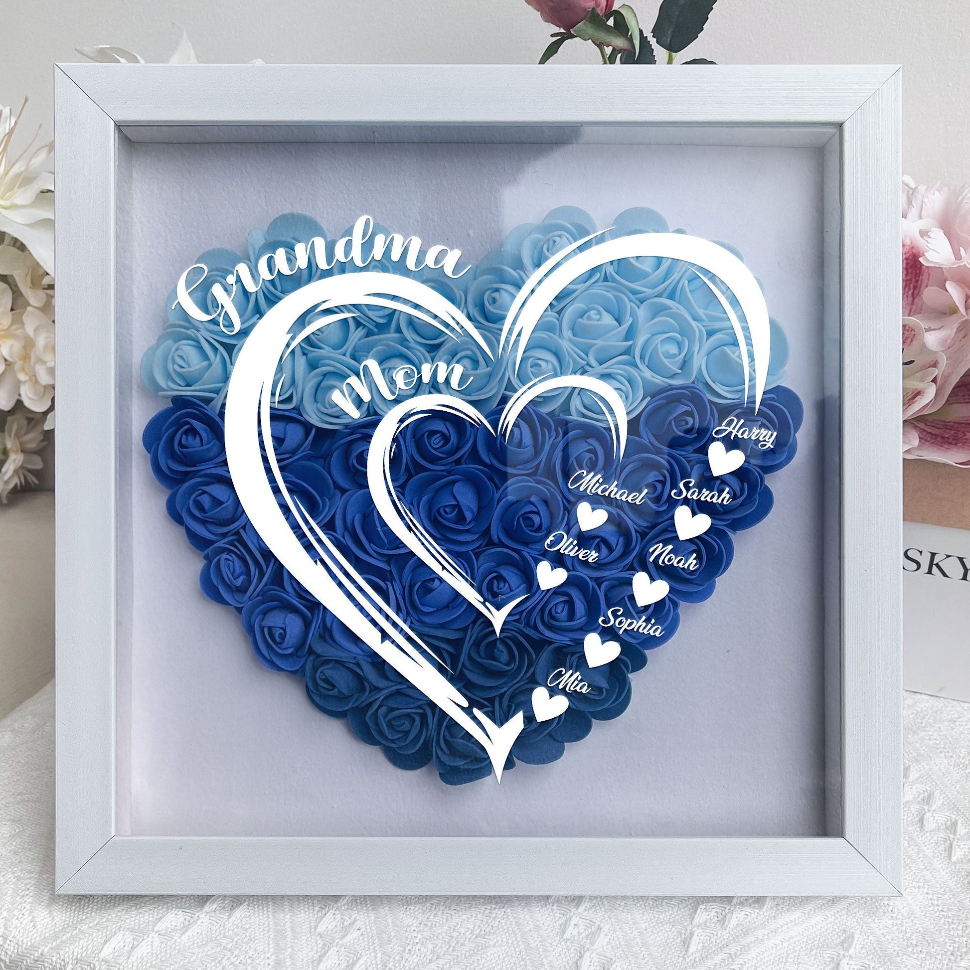 Personalized Grandma Hearts Mommy Hearts flower shadow box in white frame, perfect for Mother's Day or Grandma gifts.