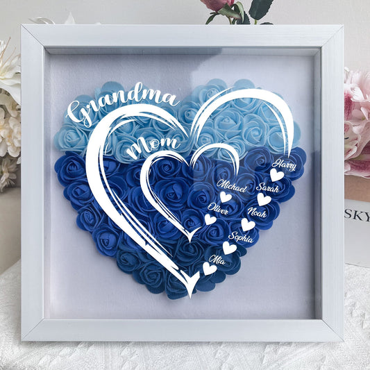 Personalized Grandma Hearts Mommy Hearts flower shadow box in white frame, perfect for Mother's Day or Grandma gifts.