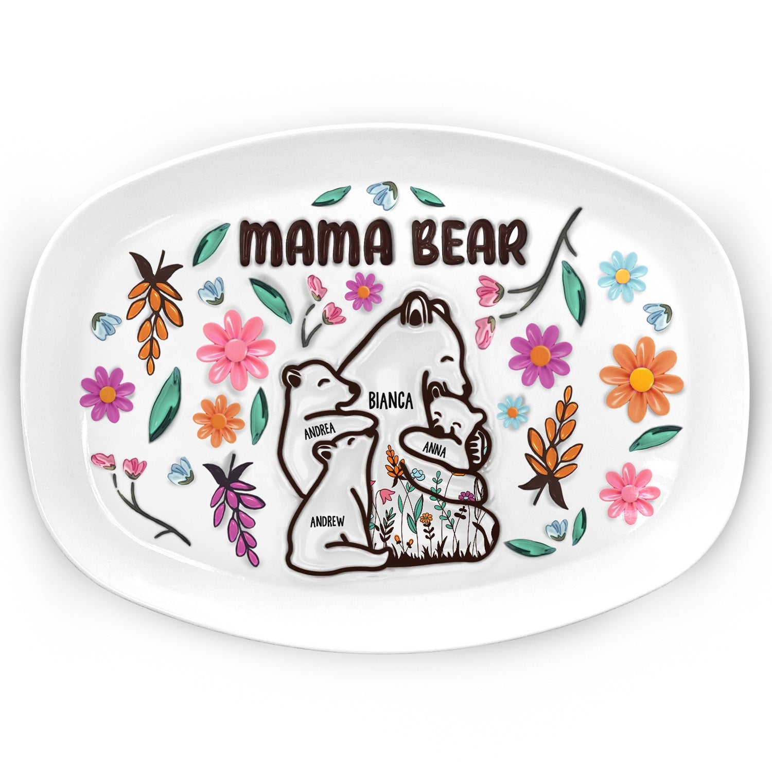 Mama Bear floral plate gift, BPA-Free plastic, custom design for Mom/Grandma.