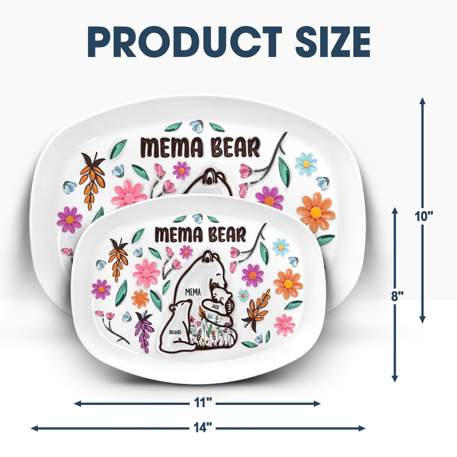 Mama Bear floral plate set in BPA-free plastic, featuring floral design and available in 11x8 and 14x10 sizes, perfect gift.