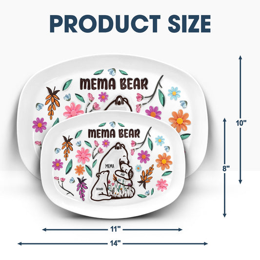 Mama Bear floral plate set in BPA-free plastic, featuring floral design and available in 11x8 and 14x10 sizes, perfect gift.