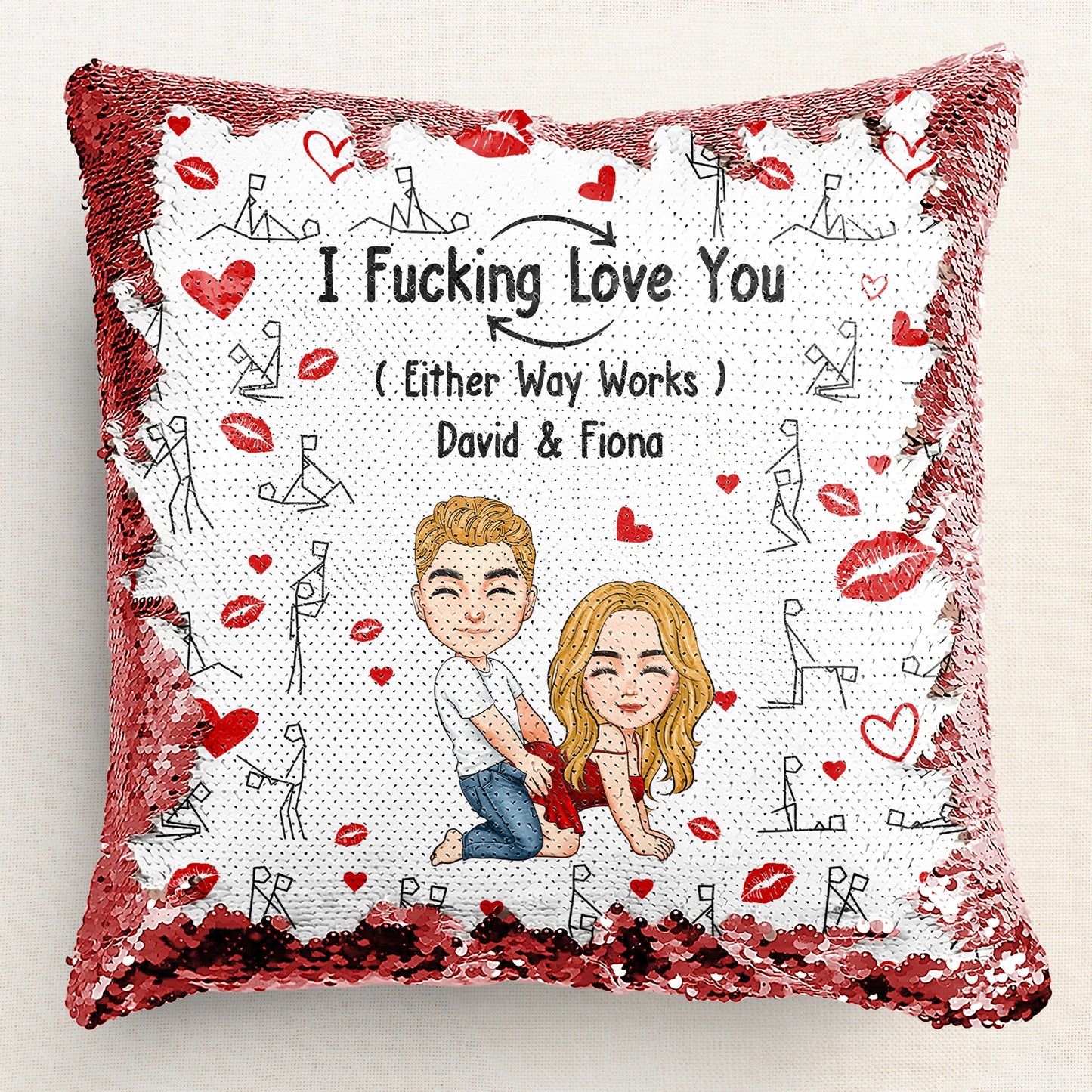 Custom couple sequin pillow with 'I F*cking Love You' design, a romantic gift with reversible sequins.