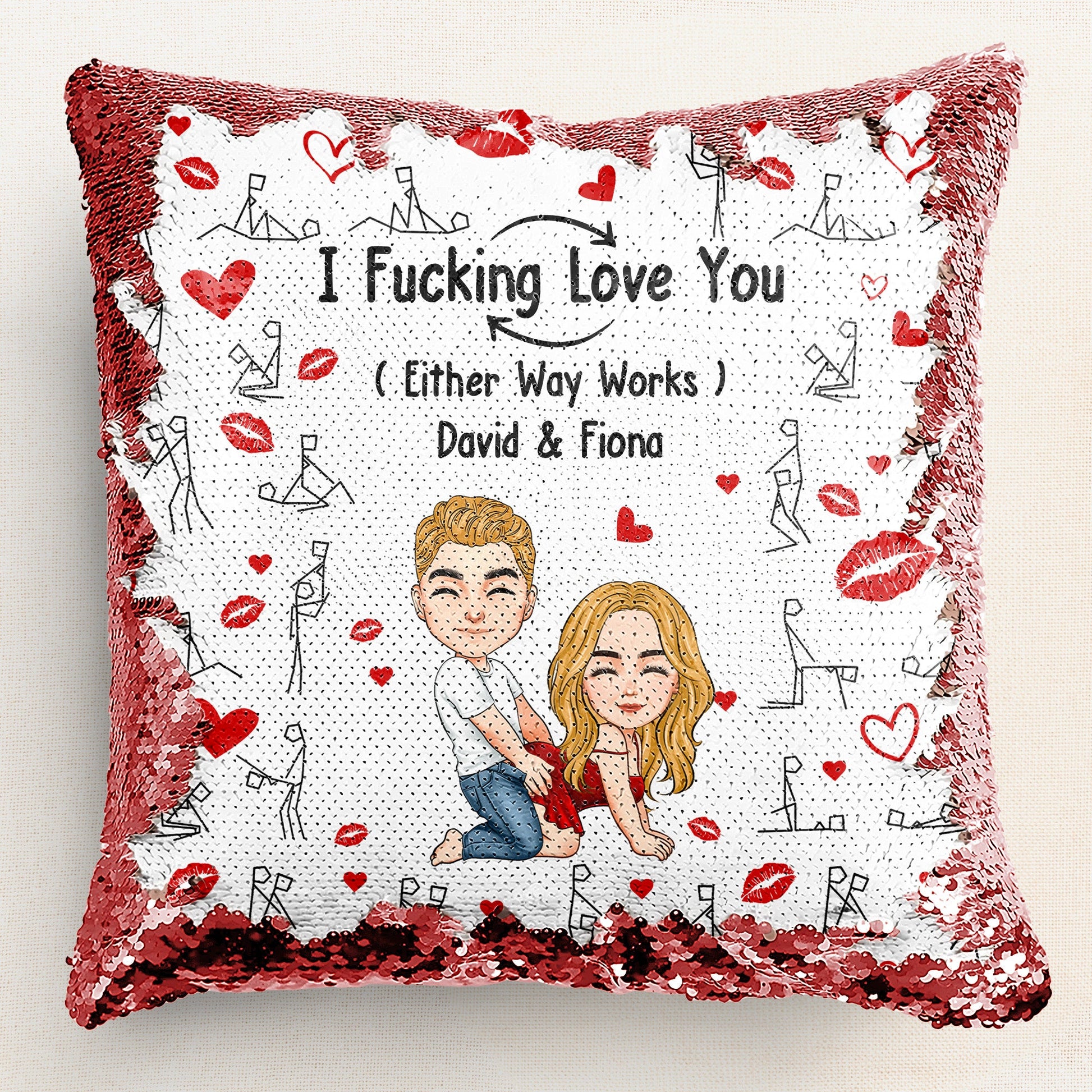Custom couple sequin pillow with 'I F*cking Love You' design, a romantic gift with reversible sequins.
