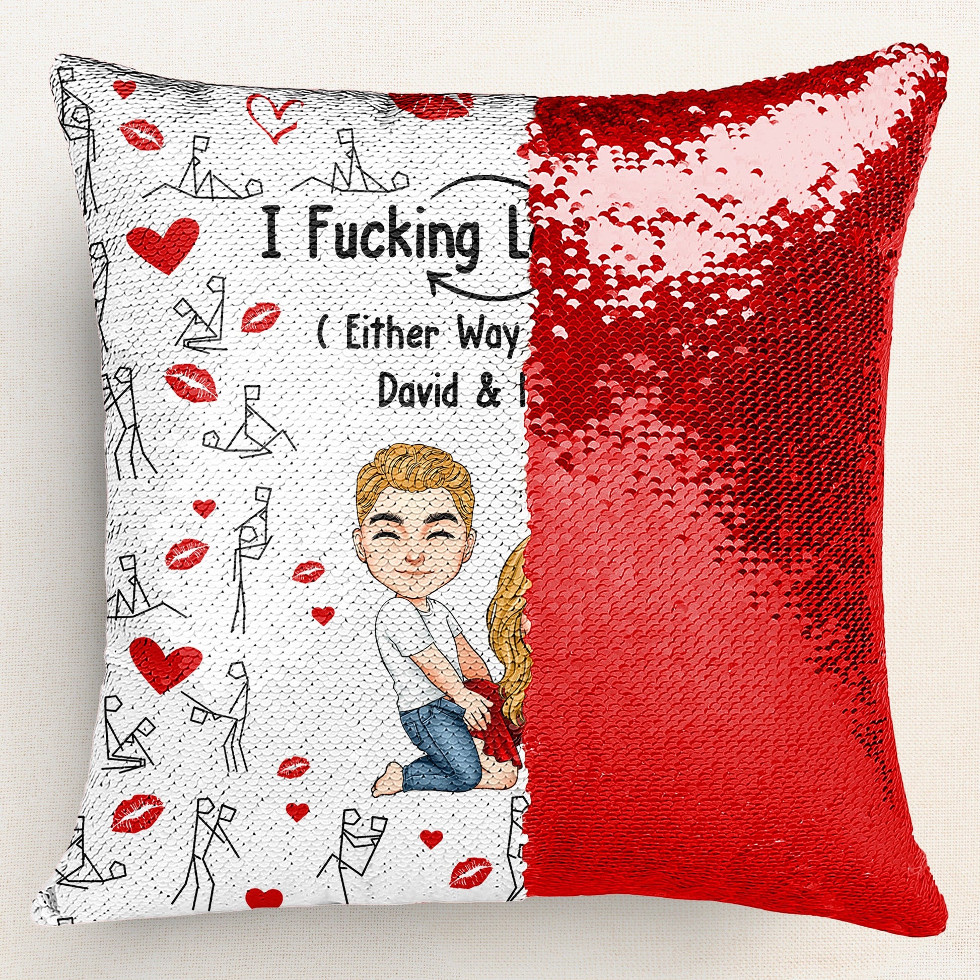 Custom sequin pillow: 'I Fucking Love You' with couple illustration, a unique gift.