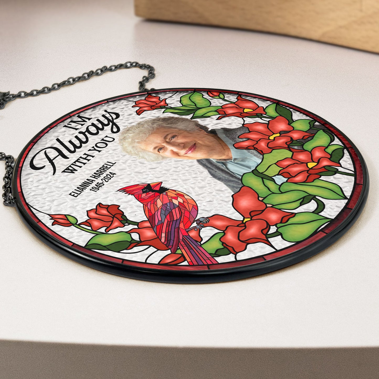 Personalized I'm Always With You stained glass suncatcher, photo memorial with floral design and red birds