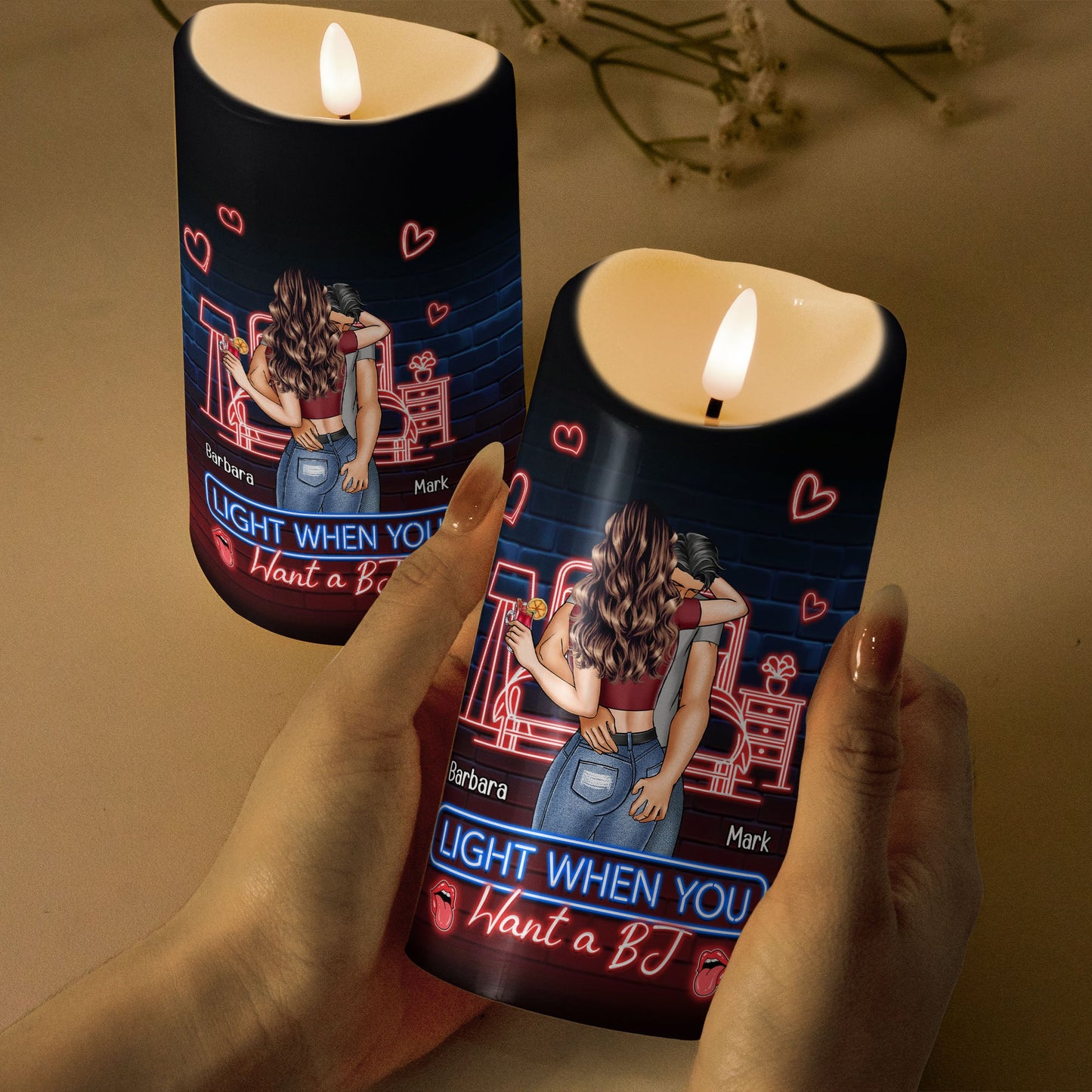 Personalized LED candle with 'Light when you want a BJ' message, a fun and romantic gift for couples.