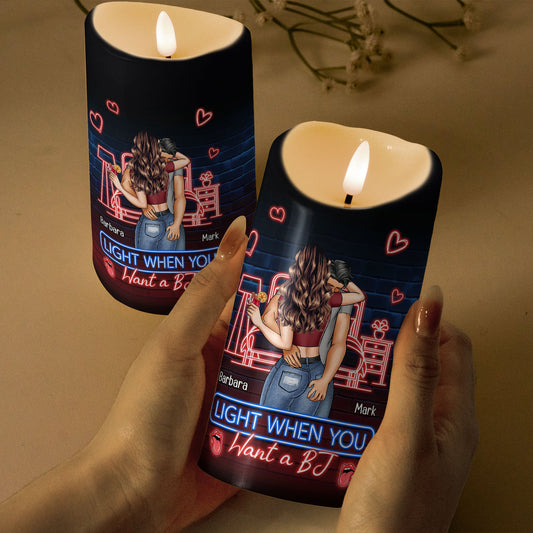 Personalized LED candle with 'Light when you want a BJ' message, a fun and romantic gift for couples.