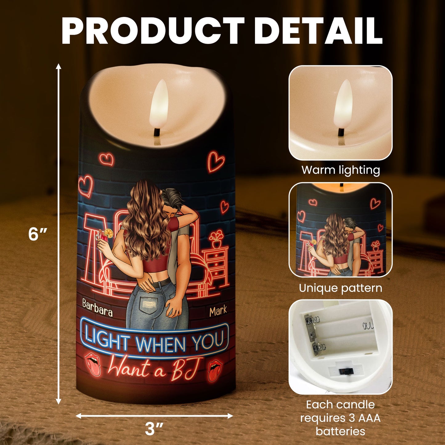 Personalized LED candle with 'Light when you want a BJ' message, romantic gift for couples. Shows product detail.