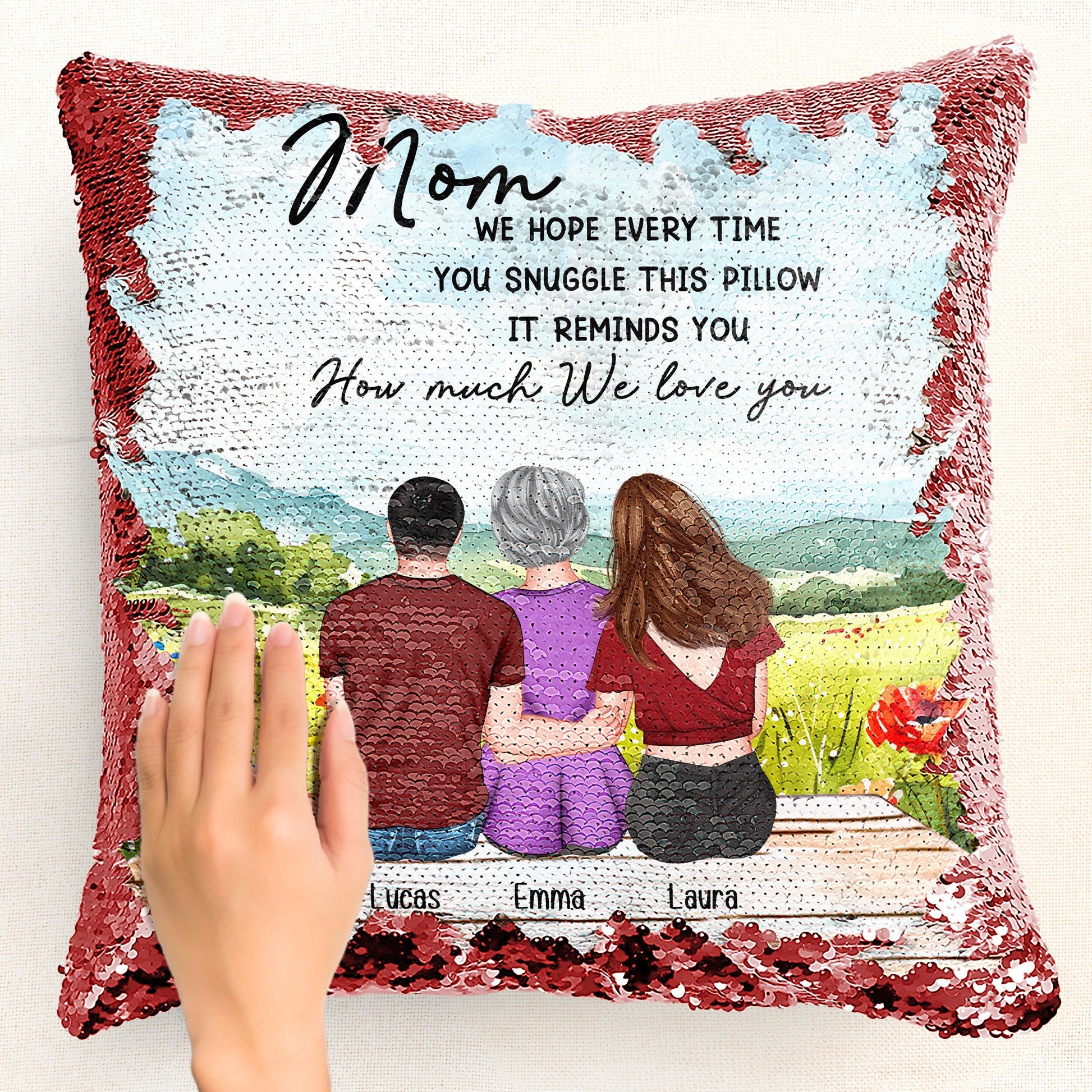 Custom sequin pillow for Mom with personalized message and family photo, available in multiple sizes.