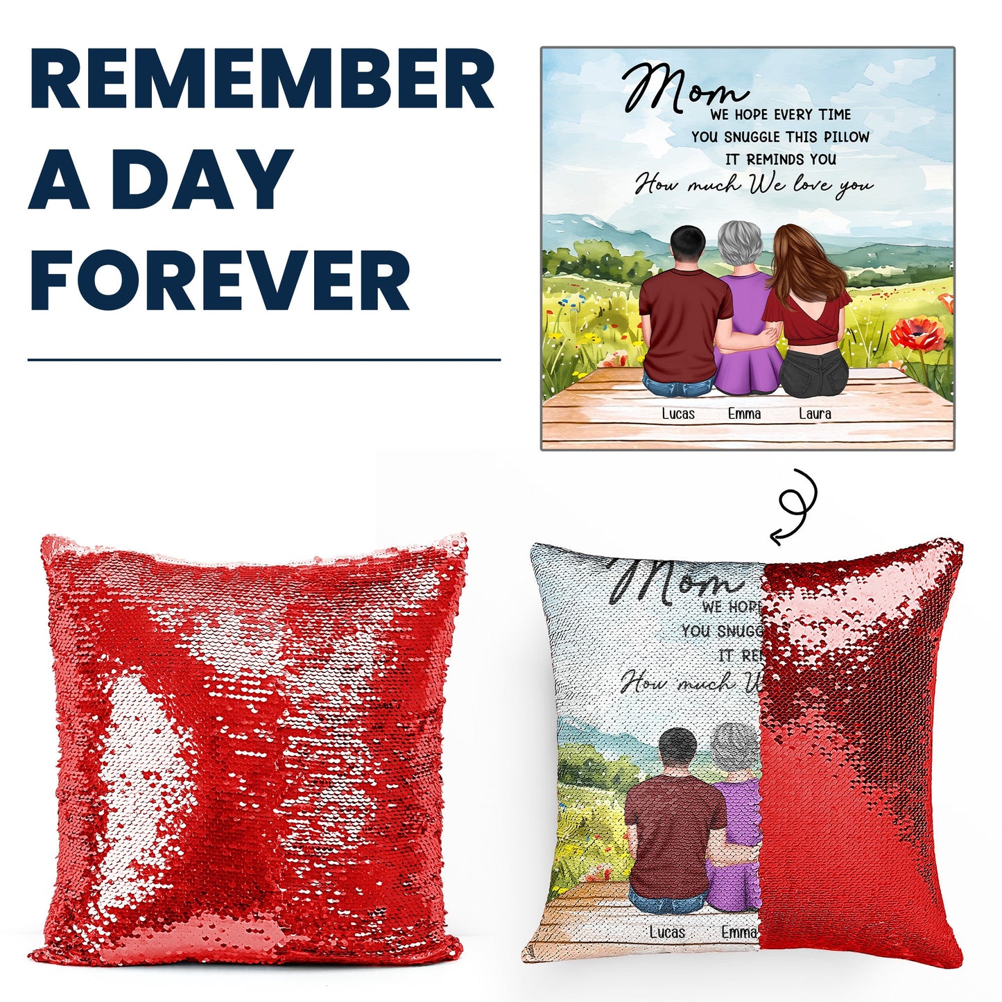 Personalized sequin pillow for Mom, red with photo, featuring the message "REMEMBER A DAY FOREVER". Mother's Day gift idea.