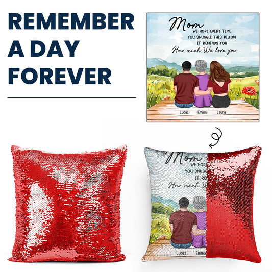 Personalized sequin pillow for Mom, red with photo, featuring the message "REMEMBER A DAY FOREVER". Mother's Day gift idea.