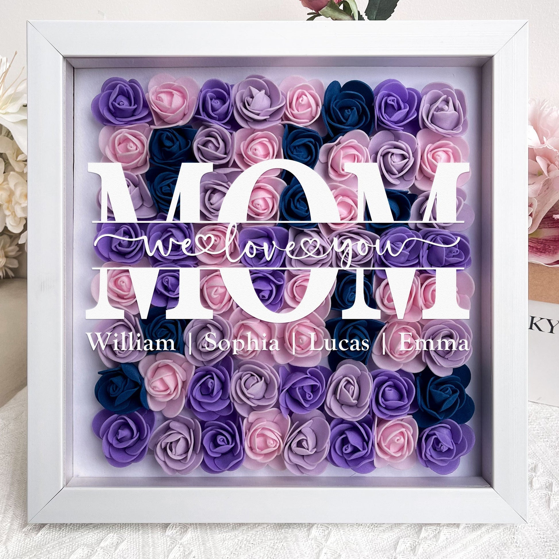 Personalized Mom Flower Shadow Box with "We Love You" message, white frame, MDF wood, Mother's Day Gift