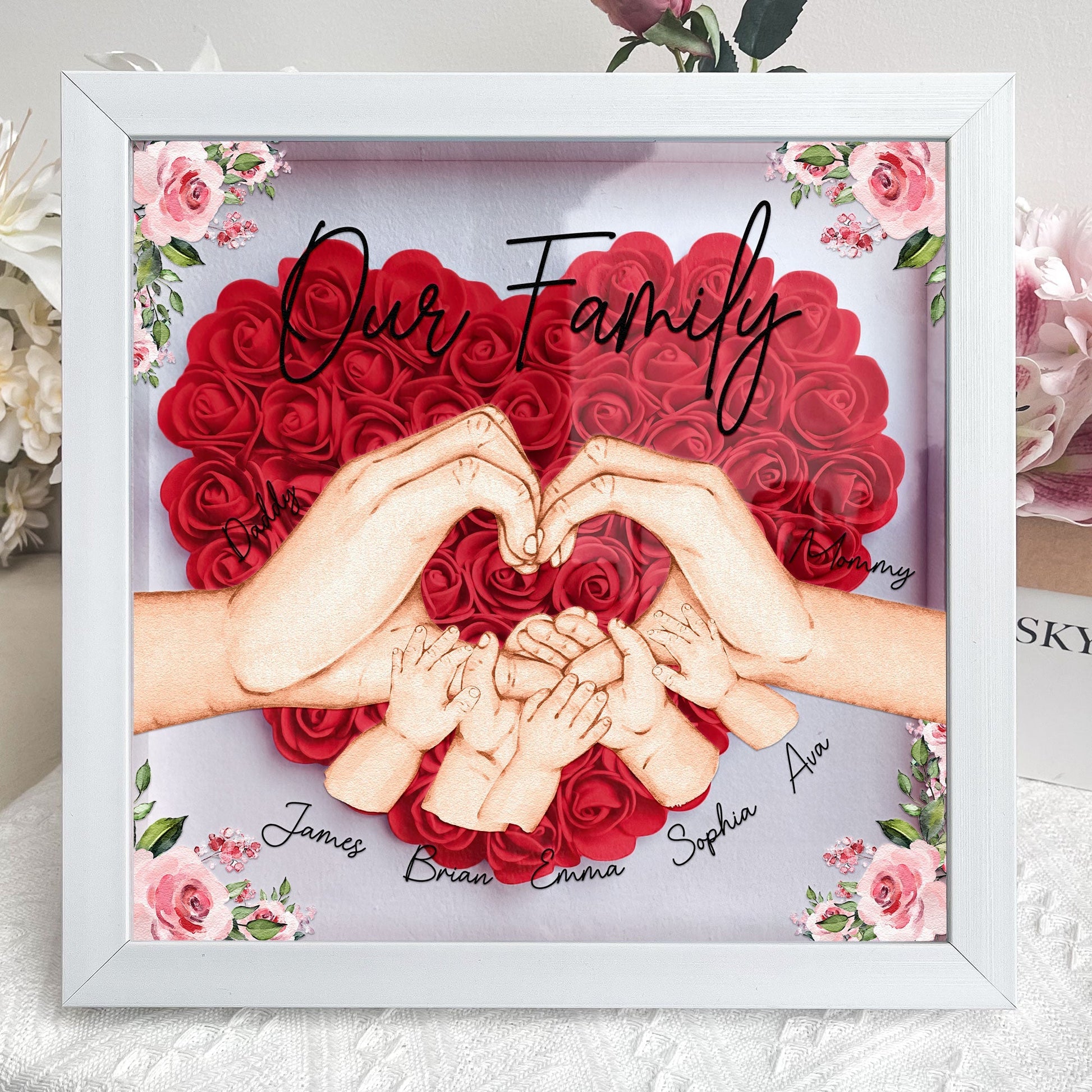 Personalized Family Flower Shadow Box with Heart-Shaped Red Floral Arrangement